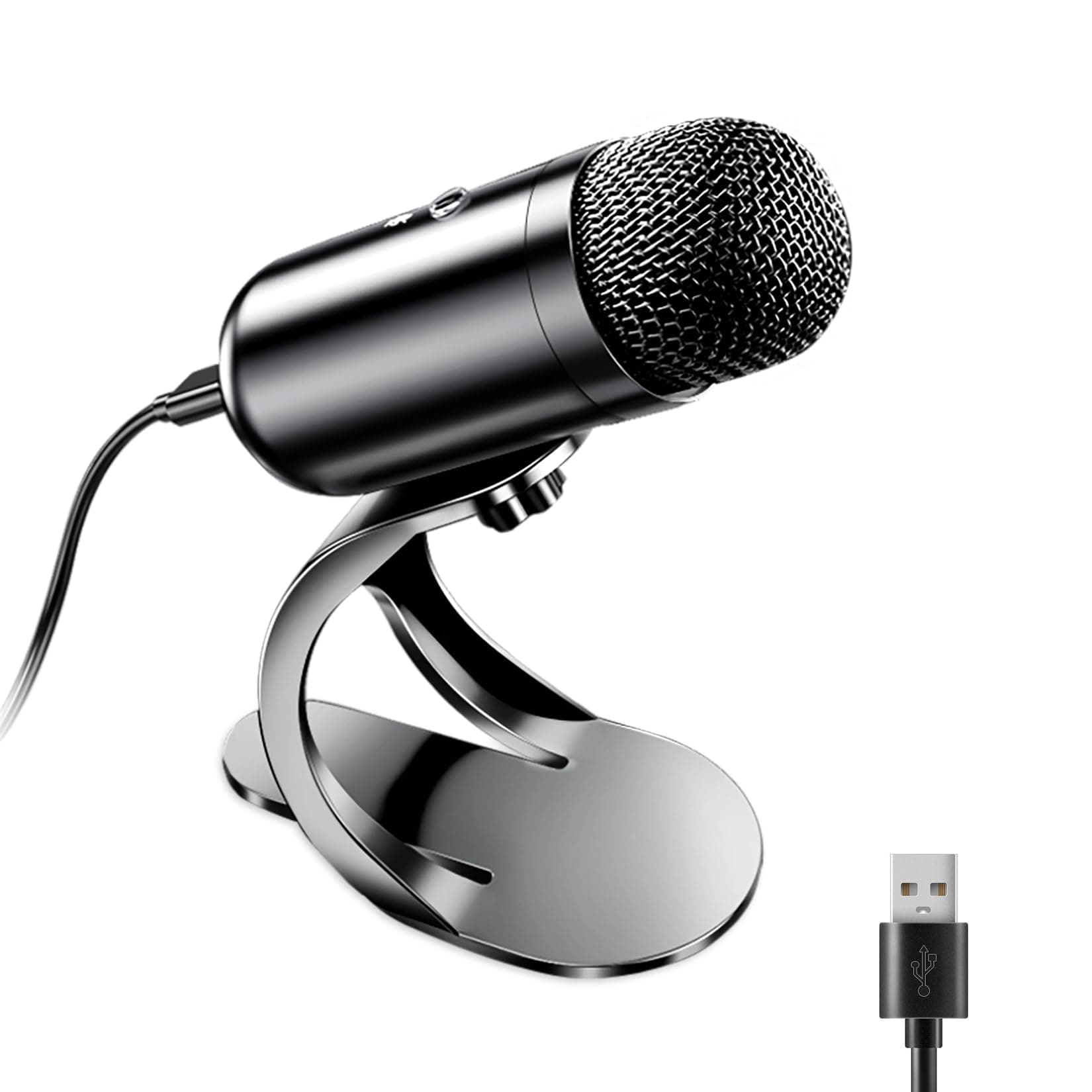 USB Computer Microphone, Podcast Mic Desktop with Mute Button for Recording Streaming, Omnidirectional Condenser, Plug&Play Stand with Volume Control for PC, Laptop, Mac, YouTube