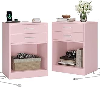 ADORNEVE Night Stand Set 2,Pink Nightstand with Charging Station & Drawers,Night Stands for Bedrooms Set of 2,Bedside Table with Drawers