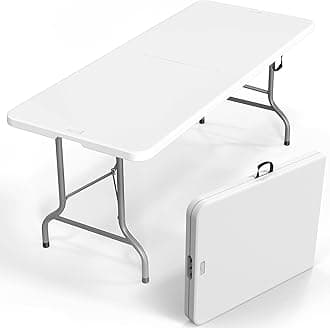 VINGLI 8 Foot Plastic Folding Table Portable Long White Table for Indoor Outdoor Use Rectangular with Carrying Handle