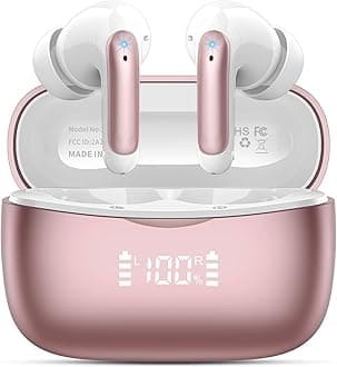 Wireless Earbuds, Bluetooth 5.3 Headphones Stereo Deep Bass with LED Display, 56H Playtime with Noise Cancelling Mic, IPX7 Waterproof in Ear Earbuds, for laptops/tablets/mobile phones/sports, Rose