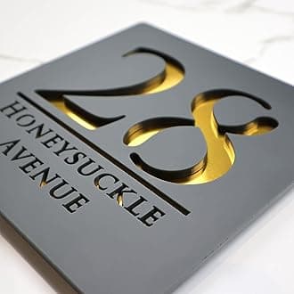 K Smart Sign | Bellissima S1 | 180mm x 180mm | Grey Anthracite RAL7016 & Gold Mirror 3d Laser Cut Contemporary house sign door number plaque address signs