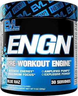 Evlution EVL Intense Pre Workout with Creatine - ENGN Energizing Pre Workout for Men Powder Drink for Lasting Energy Focus and Recovery - with Beta Alanine Caffeine and L Theanine - Blue Raz
