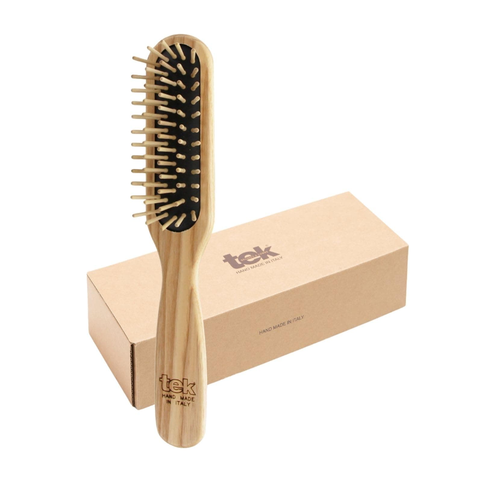 TEK | Rectangular Wooden Hair Brush with Short Rounded Teeth in Natural Ash Wood, Ideal for Detangling, Styling and Daily Care of Short Hair | 22x4cm | Handmade in Italy