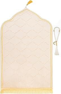 Muslim Prayer Rug with Tasbih Prayer Beads, Soft Memory Foam Prayer Matt Islam, Padded Islamic Prayer Mat Thick for Men and Women, Janamaz, Sajadah (25.6" x 43.3", Beige)