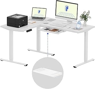 FLEXISPOT L Shaped Standing Desk, 63 x 47 Inch Electric Height Adjustable Corner Desk, Sit Stand Computer Workstation, Preset Controller, Home Office, White Frame with White Top, White Drawer