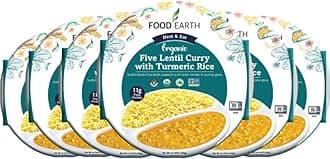 Food Earth Ready to Eat Indian Meal – Five Lentil Curry with Turmeric Rice – Organic, Vegan, Gluten-Free, GMO-Free, Plant-Based – Microwavable – 10.58 oz Each – Pack of 6
