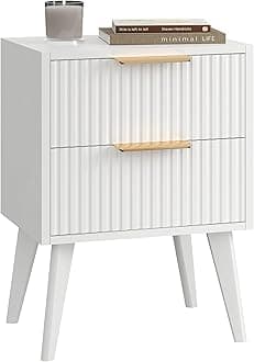 Fluted Nightstand with 2 Drawers,Modern Bedside Table with Metal Handles,Side Table with Solid Wood Legs,End Table for Living Room,Bedroom,Small Spcae 11.8" D x 16" W x 22.4" H White CTG55W