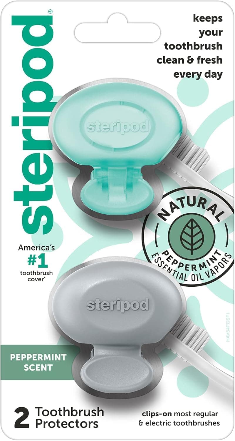 Steripod Toothbrush Protector with Peppermint Essential Oils, Keeps Fresh and Clean, Travel Accessories for Most Manual and Electric Toothbrushes, 2 Count