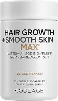 Hair Growth + Smooth Skin Max Vitamins Supplement - Patented Lustriva & SOD B Dimpless Superoxide Dismutase - Hair Growth Health Skin Cellulite Support - Biotin, Vitamin C, MSM - 30 Capsules
