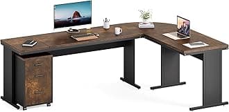 LITTLE TREE 83 Inch L-Shaped Office Desk with Drawers, Large Executive Office Desk with Storage, Wooden Computer Desk with File Cabinet, Modern Work Desk for Home Office, Brown