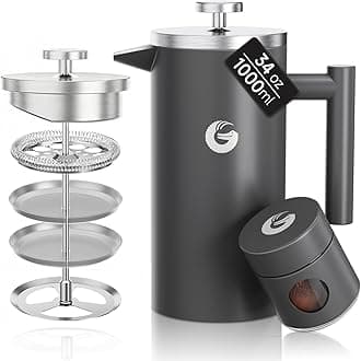 Coffee Gator French Press Coffee Maker | 34 Oz | Best Stainless Steel Cafetiere - Keeps Coffee Hotter Longer With Vacuum Insulated Sides - FREE Mini Coffee Storage Canister