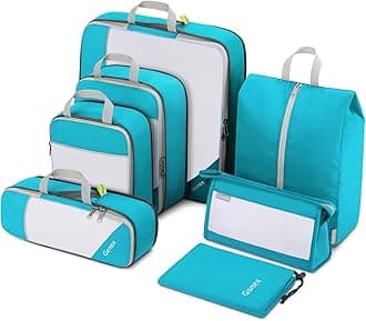 Gonex 7pcs Travel Packing Set, Compression Packing Cubes, Extensible Storage Mesh Bag Organizers, Compression Packing Cubes with Laundry Bag Shoes Bag Toiletry Bag for Travel, Home, 7PCs Blue