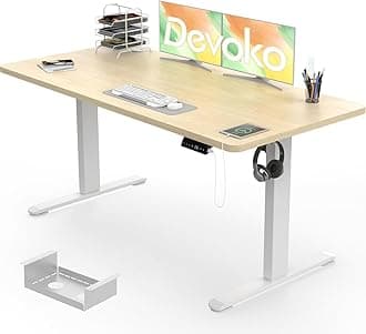 Devoko Electric Standing Desk 140x70cm, 18mm Thick Tabletop, Sit-Stand Height Adjustable with Sedentary Reminder, USB Charging Port, 3 Memory Smart Panel, Heavy-Duty Steel Frame (Beige)