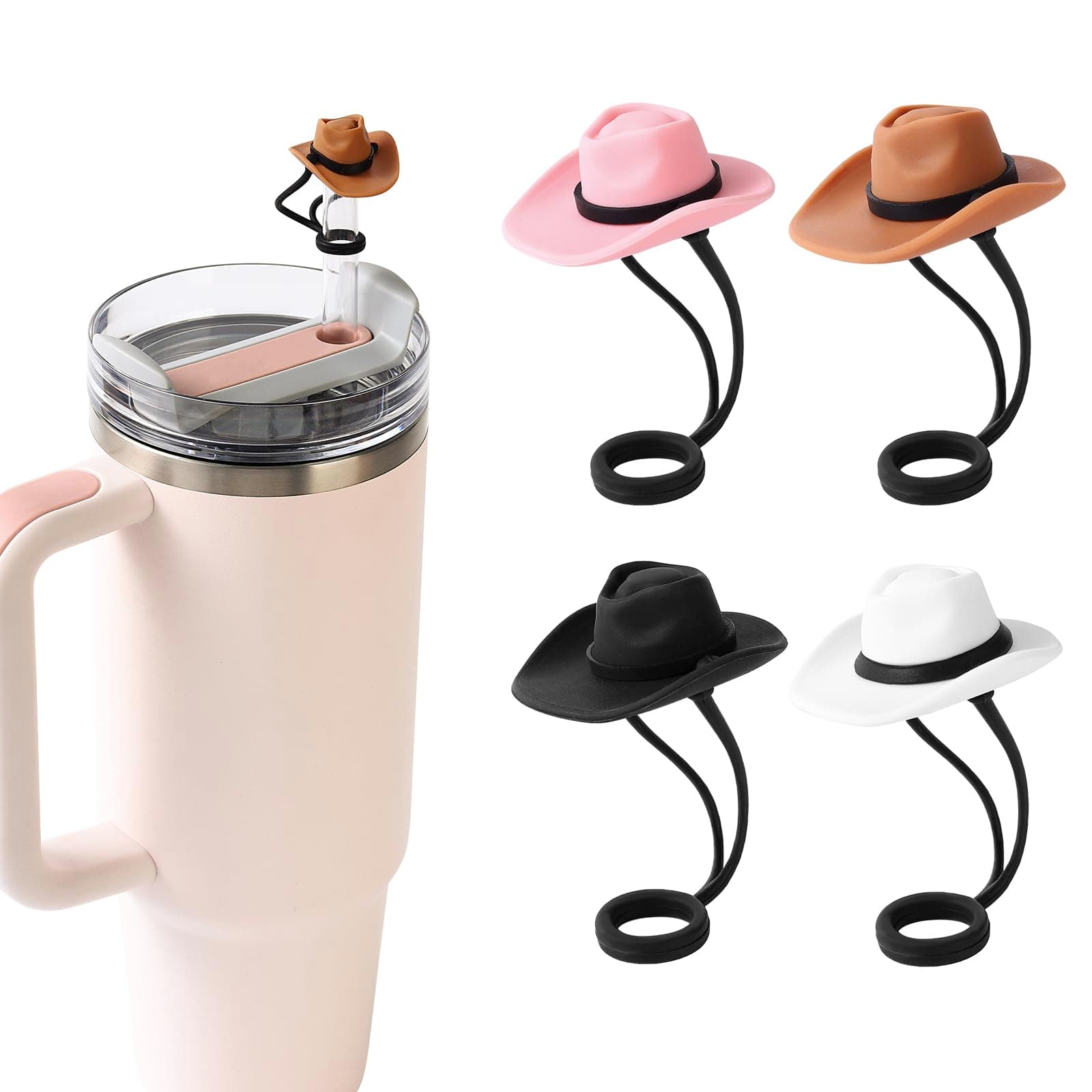 4 Pack Silicone Cowboy Hat Straw Covers Cap Compatible with Stanley Cup 30 40 oz, Cute Funny Tumbler Straw Topper Accessories for Man & Woman Christmas Gift