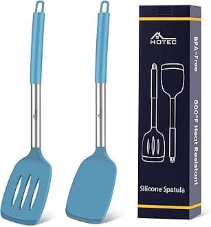 Silicone Spatula Set of 2 Heat-Resistant 600°F & BPA-Free Kitchen SaptulaTurner with Stainless Steel Handles, Slotted & Solid Spatulas for Nonstick Cookware, 13.7 Inch, Blue