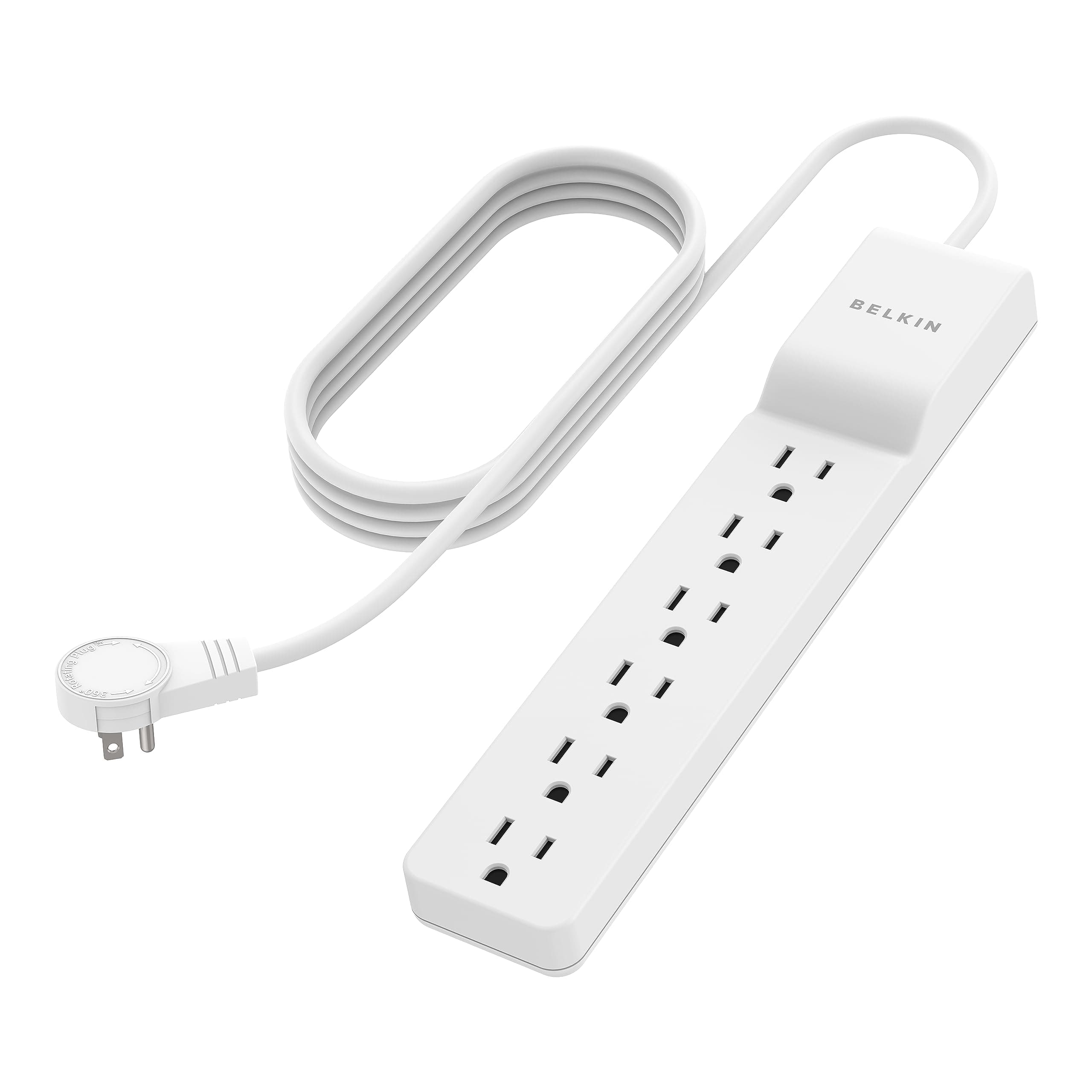 Belkin Surge Protector Power Strip - 6 AC Multiple Outlets - Flat Rotating Plug, 8ft Long Heavy-Duty Extension Cord for Home, Office, Travel, Computer Desktop & Charging Brick - White (720 Joules)
