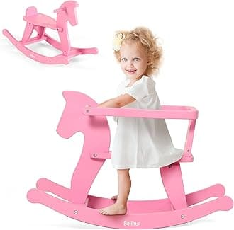 Wooden Rocking Horse for Toddler 1-3 Year Old, Baby Wood Ride-on Toys with Removable Fence for Indoor & Outdoor Activities, Boys & Girls Rocking Animal for Birthday Pink
