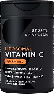 Sports Research® High Potency Liposomal Vitamin C Supplement 1000 mg – Certified Vegan, Non-GMO, Gluten Free | Antioxidant & Immune Support | Ascorbic Acid Vitamin C | 180 Liquid Veggie Capsules