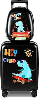 Kids Luggage and Backpack 18" Suitcase with Spinner Wheel Hard Case Travel 13" Backpack Girl Suitcase Set for Kids Travel Supplies(Black,Dinosaur Style)