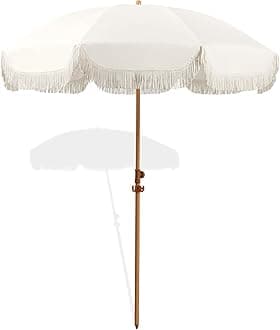 Seazul 6.5ft Patio Umbrella with Fringe, Beach Umbrella, Fringe Umbrella Outdoor Patio with Hanging Hook, Tilting Aluminum Pole, UV 50+, Fiberglass Ribs, Elegant Cream
