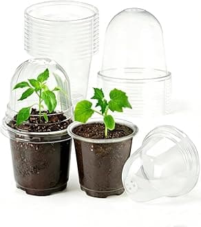 JOPY 4 Inch Plastic Nursery Pots with Humidity Dome for Plants Clear Seed Starter Pots Seedlings Planting Pots for Garden Indoor and Outdoor Small Planter Containers with Drainage Holes (10 Pack)