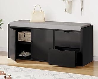 LVB 2-Tier Storage Bench with Padded Seat Cushion, Entryway Bench with 2 Drawers, Removable Barn Doors & Adjustable Shelf, Industrial Shoe Bench for Hallway, Bedroom, Living Room,Black Oak, 40 Inch