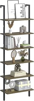 Ladder Shelf Black 6 Tiers Modern Bookshelf Room Organizer Open Tall Wall Mount Bookcase Standing Leaning Wall Shelves Industrial Decorative Living Room Bed Room (Brown)