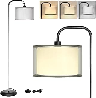 PARTPHONER LED Floor Lamp for Living Room, Modern Standing Lamp with Foot Switch Grey Organza Fabric Shade Tall Pole Reading Lamp for Bedroom Study Room Office, 9W Bulb Included