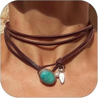Boho Suede Choker Necklace for Women Layered Leather Necklace Turquoise Pendant Necklace Western Jewelry Gifts for Birthday Christmas