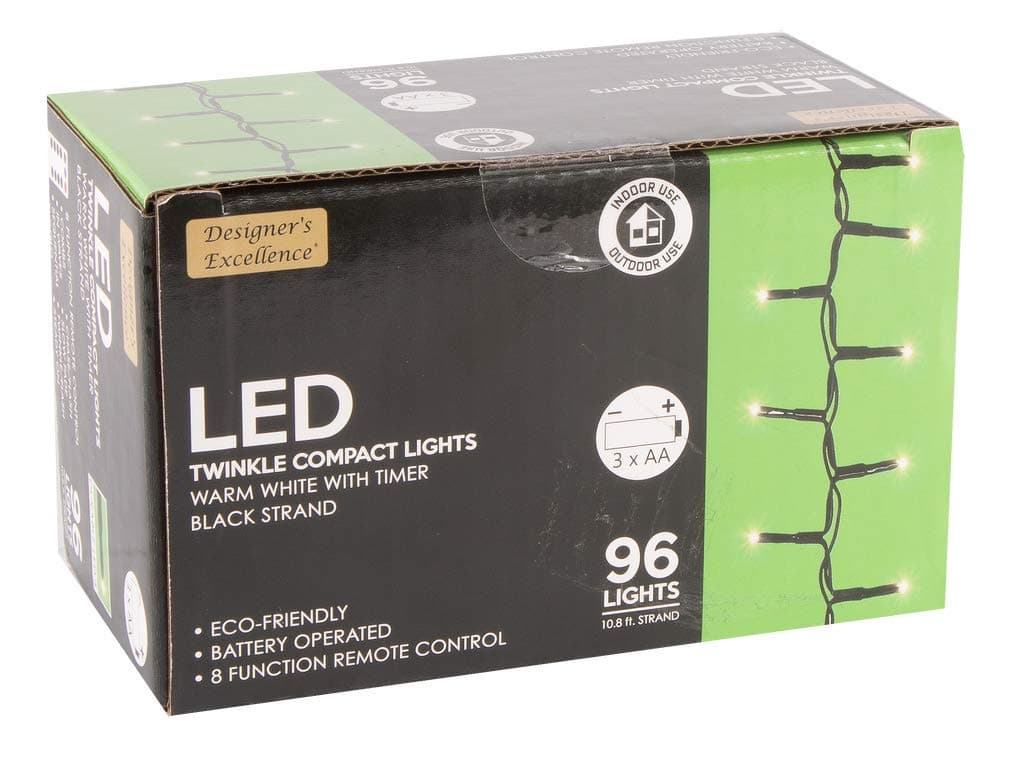 Designers Excellence 96 LED Twinkle Lights with Timer/Remote Battery Operated Black Wire