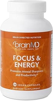 BRAINMD Dr Amen Focus & Energy - 120 Capsules - Mental Endurance Booster, Promotes Concentration & Attention - Caffeine Free, Gluten Free - 30 Servings