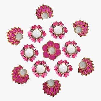 Artificial 13 Pieces Pink Lotus & Diya Rangoli with Tea Light Wax Candles Diwali Deepak Light Decor for Dipawali, New Year, Christmas, House Warming, Dusshera, Laxmi Puja