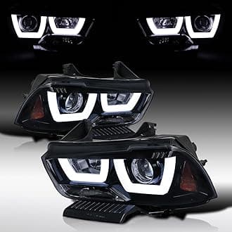 Autozensation Compatible with 2011-2014 Dodge Charger, Left + Right Pair Headlamps Assembly, Dual Halo LED Glossy Black Smoke Projector Headlights