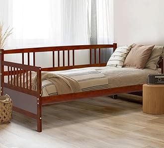 HOMGX Twin Wooden Daybed Frame, Sofa Bed w/Solid Wood Slats Support Frame & Rails, Dual-Use Heavy Duty Modern Bed Platform for Living Room/Bedroom/Deck/Children Room/Office/RV (Cherry)