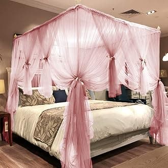 Joyreap 4 Corners Post Pink Canopy Bed Curtain for Girls & Adults - Royal Luxurious Cozy Drapes - Cute Princess Bedroom Decoration Accessories (47" W x 78" L, Twin)