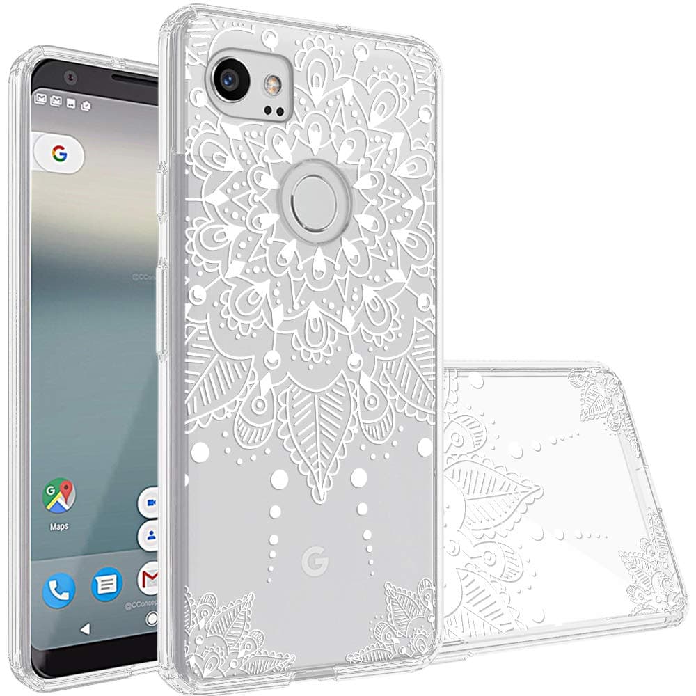 for Google Pixel 2 XL Case, [Anti-Scratch PC + Shockproof Anti-Drop Soft TPU] Advanced Printing Pattern Phone Cases Glossy Drawing Design Cover for Google Pixel 2 XL(White Flower)