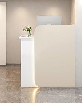 Reception Desk Office Checkout Counter, Modern Front Desk Reception Counter Desk with Lockable Drawer Simple Retail Counter for Retail, Lobby, Beauty Salon Clothing Store(Warm+White,47" Lx18 Wx39 H)
