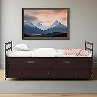 Twin Size Daybed with Trundle and Drawers for Boys/Girls Bedroom,Solid Wood Platform Bed w/Safety Fence,Easy Assemble,No Box Spring Needed, Espresso