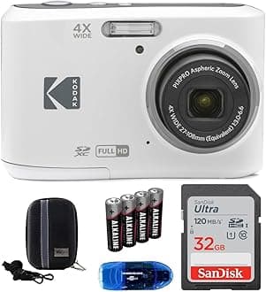 KODAK Pixpro FZ45 Digital Camera Bundle, Includes: SanDisk 32GB Memory Card, Spare Batteries, Hard Shell Camera Case and Card Reader (5 Items) (White)