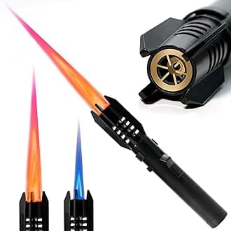 Camping Lighter, Torch Lighter, Straight Flame Bright Fire Refillable Windproof Adjustable Color with Safety Lock for Campfires Kitchen Hiking Candles Fireplace BBQ Outdoor Essentials (Black)