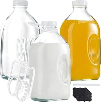 Glass Milk Jugs Containers - Half Gallon Juice Bottles with Airtight Screw Cap and Handle for Milk, Breastmilk, Iced Tea, Cold Water, 64OZ Pitcher Set of 3