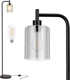Ziisee Floor Lamps for Living Room - Standing Lamp with Grey Glass Shade, Modern Floor Lamp with LED Bulbs, Industrial Floor Lamp for Bedroom, Black Tall Lamp for Office(Light Bulb Included)