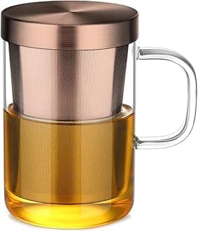 Tea Infuser Mug 16.9oz Glass Tea Cup with Removable Stainless Steel Infuser and Lid, Clear Glass Tea Cup 500ml Teacup for Loose Leaf Tea, Birthday for Parents Dad Mum Friends (Bronze)