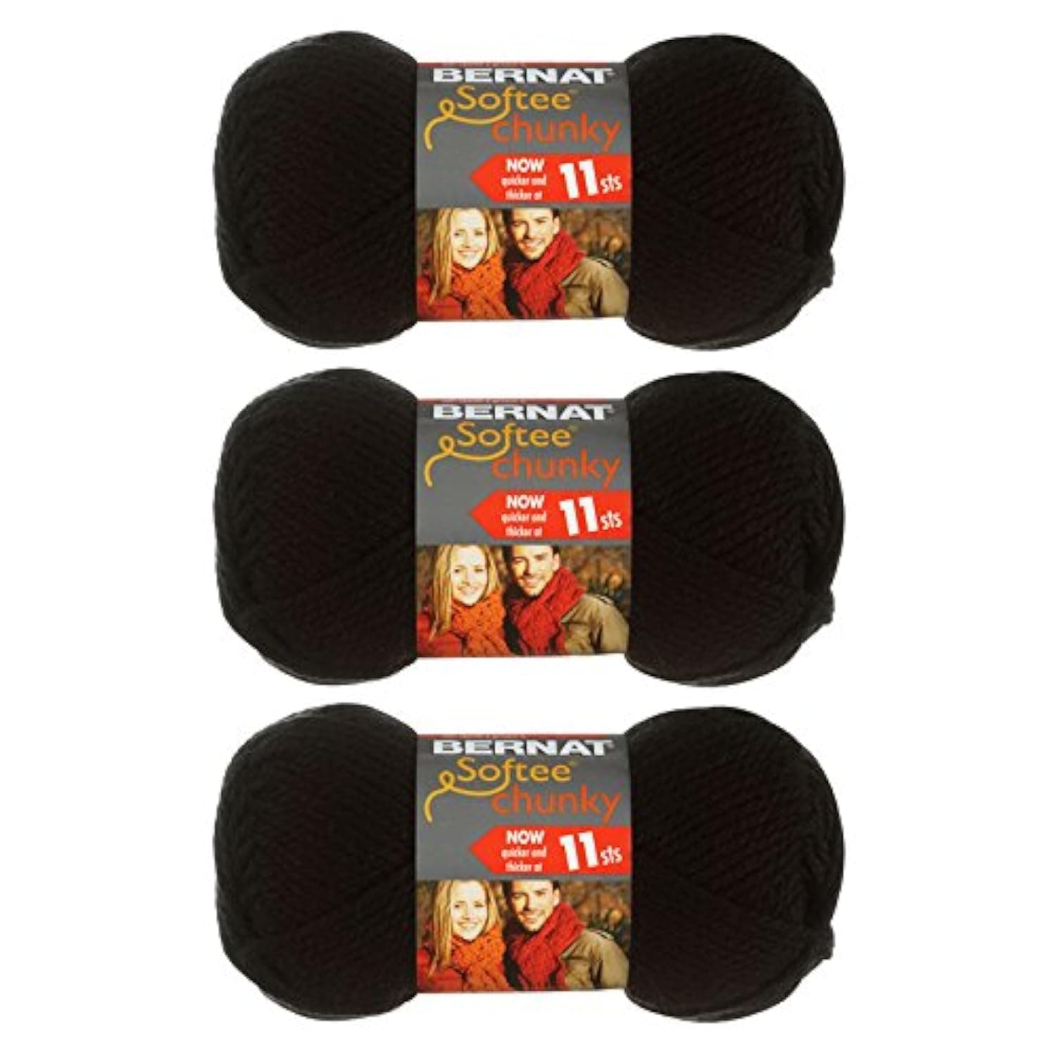 Softee Chunky 3-Pack Yarn, 2.8oz, Super Bulky 6 Gauge -Black - Machine Wash & Dry