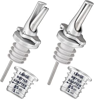 Poura 3-in-1 Liquor Spout with Built-in Fruit Fly Protection - Dishwasher Safe Hygienic Alcohol Speed Spouts - Also for Olive Oil, Juice, Syrup. Silver 2 Pack with 2 Adapters for Large Neck Bottles