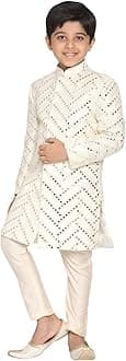 VASTRAMAYBoys' Silk Blend Indowestern Sherwani Set with Mirror Work and Pant Style Pyjama