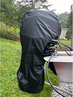 FLYMEIBoat Motor Covers, Full Outboard Motor Cover with 420D Heavy Duty Oxford Fabric Extra PVC Coating, Water Resistant Outboard Engine Covers Fit for Motor 0-5 HP, Black