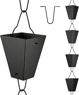 TE DEUM Square Link Rain Chain, 8.5 Feet Length, 3.7inch Big Size Cup, Black Powder Coated, Functional and Decorative Replacement for Gutter Downspouts, V Gutter Clip Included, Black