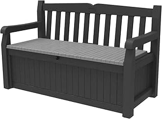 Keter Solana 70 Gallon Storage Bench Deck Box for Patio Furniture, Front Porch Decor and Outdoor Seating – Perfect to Store Garden Tools and Pool Floats, Graphite