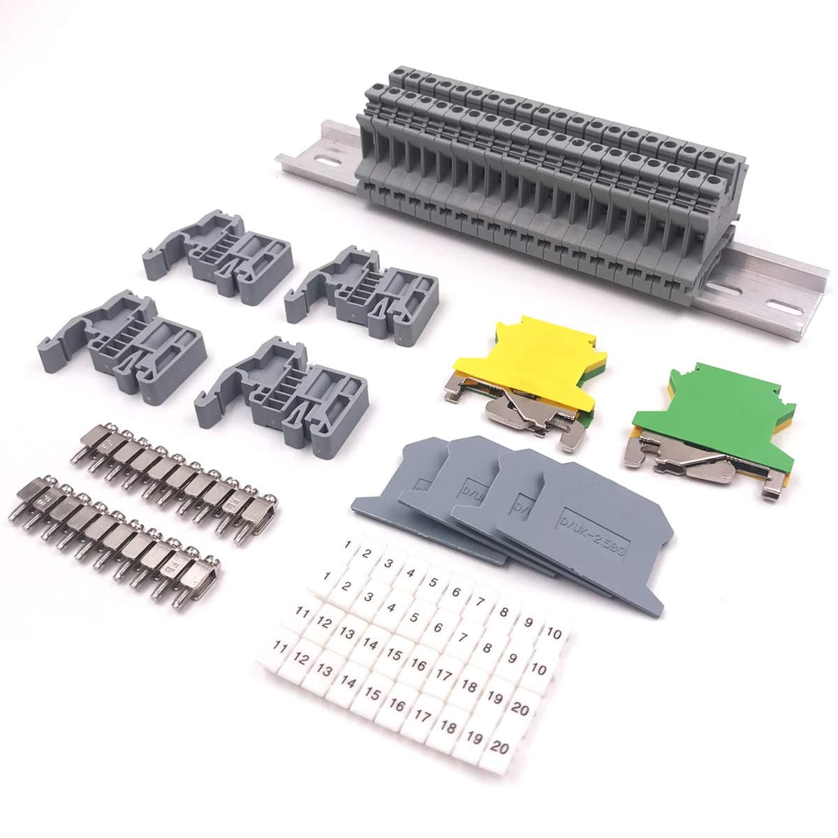 EraycoDIN Rail Terminal Blocks Kit, 20Pcs UK-2.5N 12 AWG Terminal Blocks, 2Pcs Ground Blocks, 2Pcs Fixed Bridge Jumpers, 4Pcs End Brackets, 4Pcs End Covers, 4Pcs Marker Strip, 1Pcs 8" Aluminum Rail